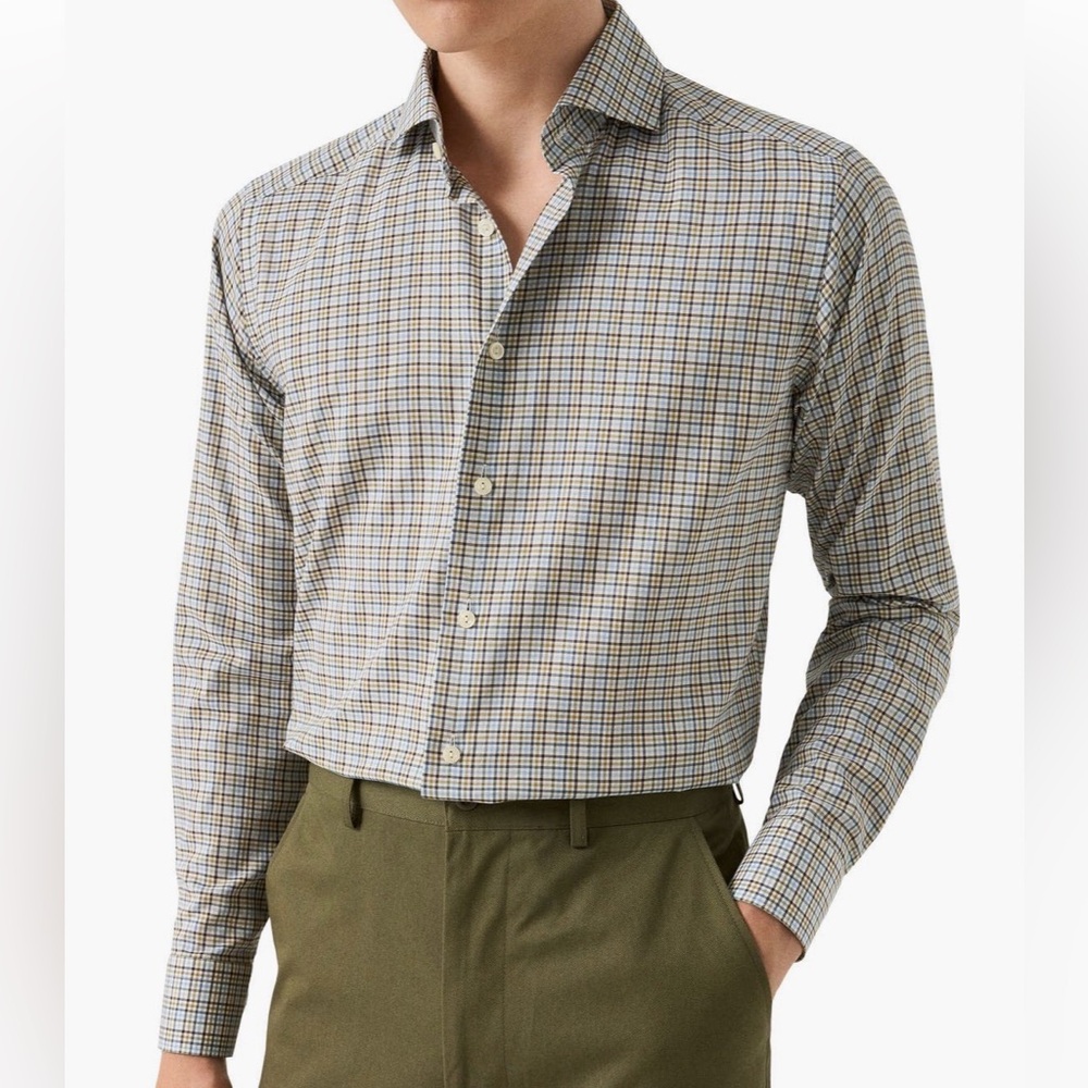 Eton Men's Checked Button-Down Shirt in White, Blue, and Brown